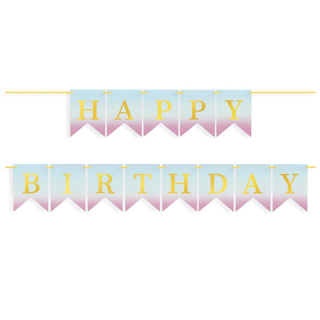 Гирлянда Флажки, Happy Birthday, Нежный градиент, Металлик, 500 см, 16*12 см, 1 упак.