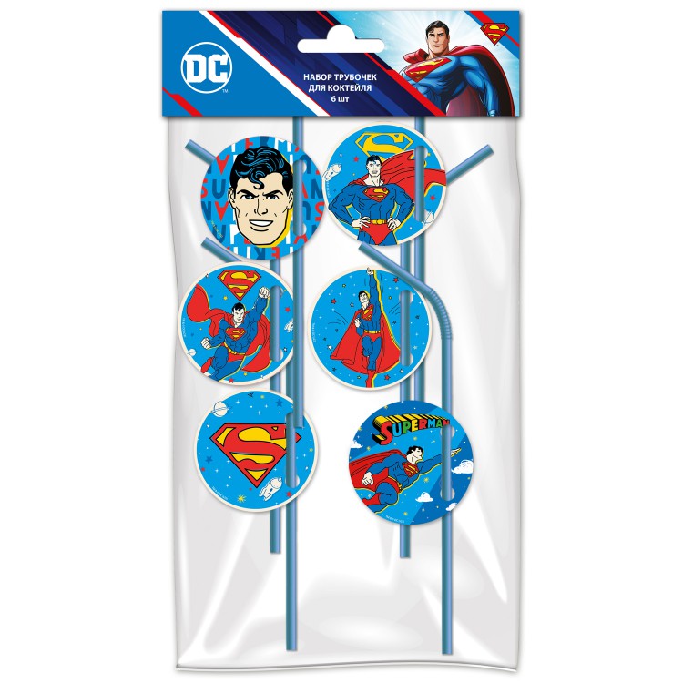 Трубочки для коктейлей, Супермен, Синий, 6 шт. в упак. 