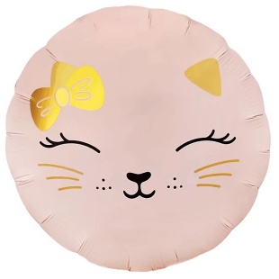 Шар (18''/46 см) Круг, Кошечка с бантом, Розовый, Сатин, 1 шт.