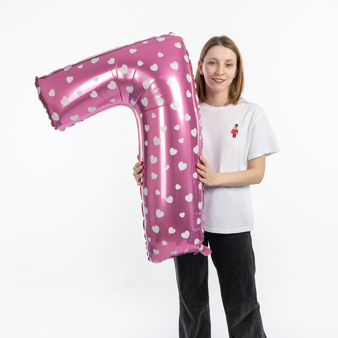 Шар (40''/102 см) Цифра, 7 Сердечки, Розовый, 1 шт. в уп.
