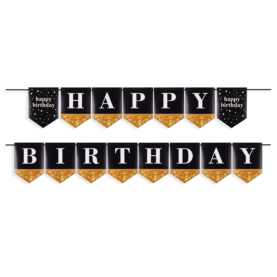 Гирлянда Флажки, Happy Birthday, Черный/Золото, 250 см, 1 упак.