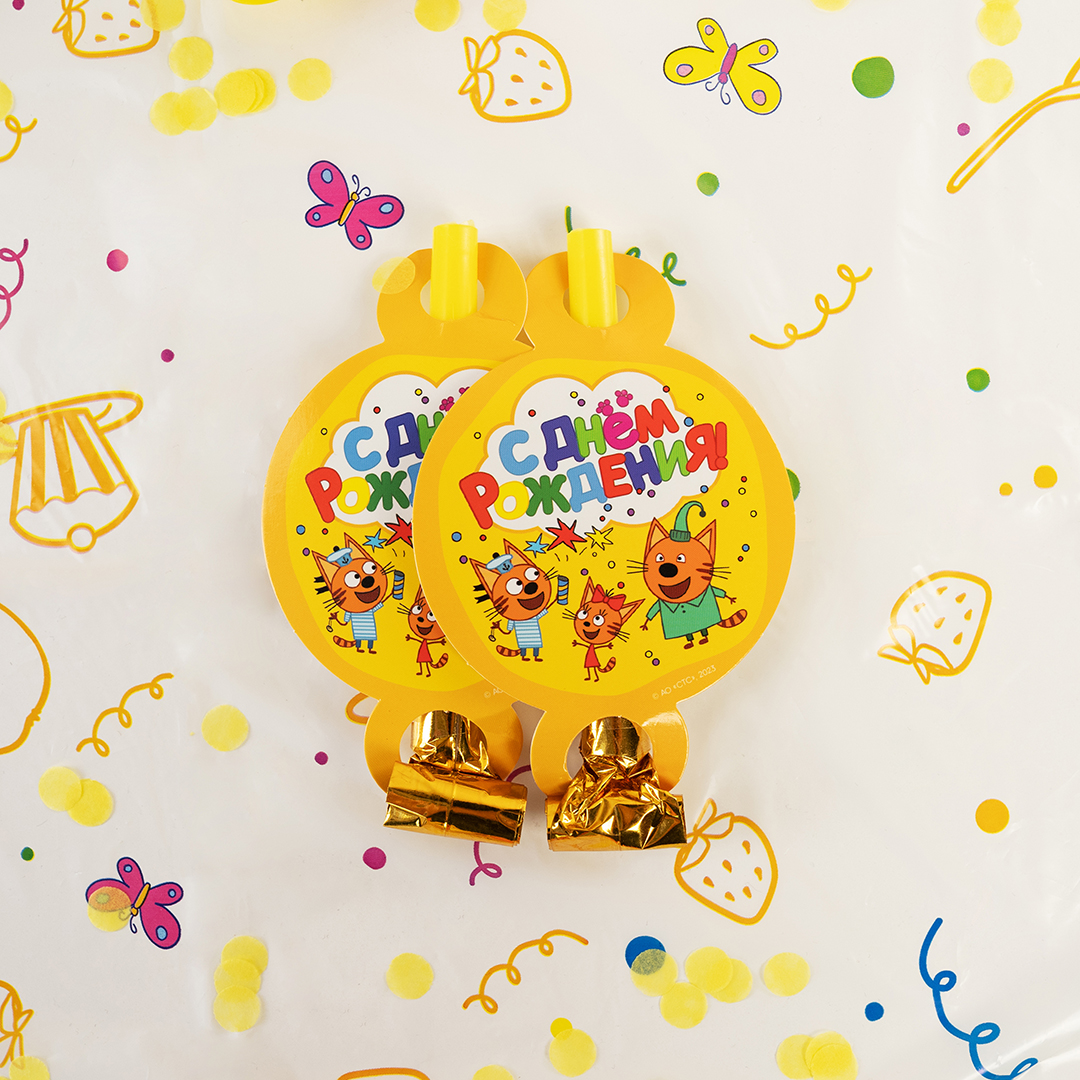 Карнавальные язычки гудки, Три Кота, С Днем Рождения!, Желтый, 11 см, 6 шт. в упак. 