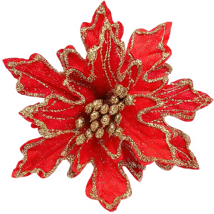 Цветок Пуансеттия, на клипсе, 15 см. Красный/Золото, с блестками, 1 шт.
