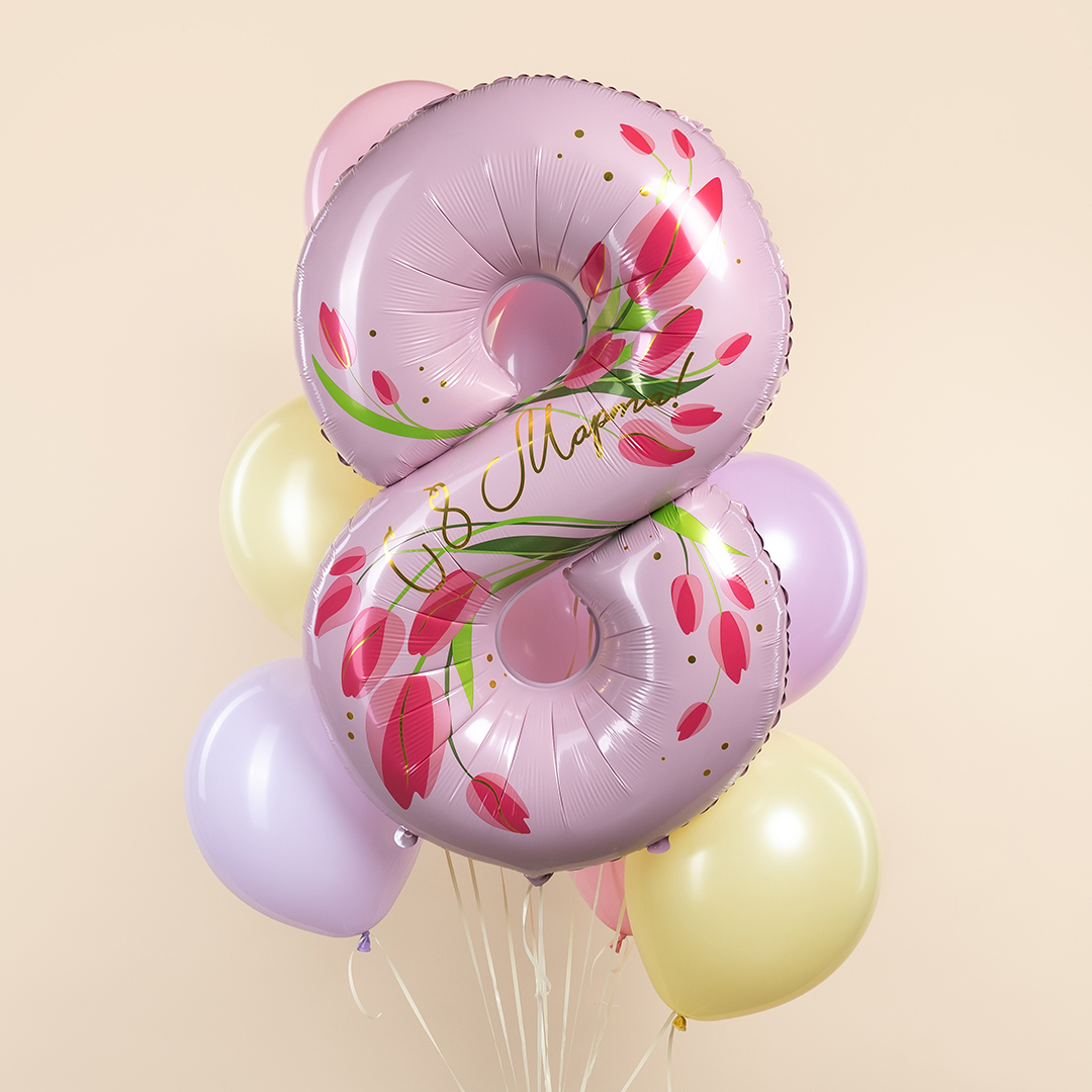 Шар (34''/86 см) Цифра, 8 Марта, Тюльпаны, 1 шт. в уп.