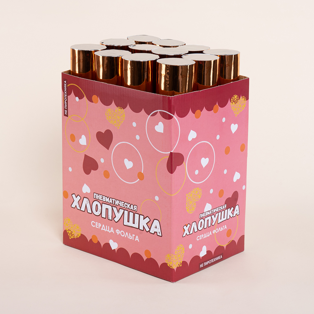 Пневмохлопушка (12/30 см), Волшебные сердечки, Сердца фольга, Розовое Золото, 1 шт.