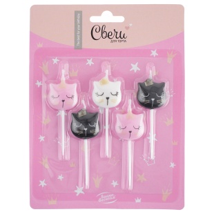Набор свечей Фигура, Котенок Принцесса, Ассорти, Металлик, 6 см, 5 шт. с держат.