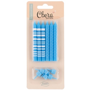 Свечи Точки и полосы, Голубой, 8 см, 6 шт. с держат.
