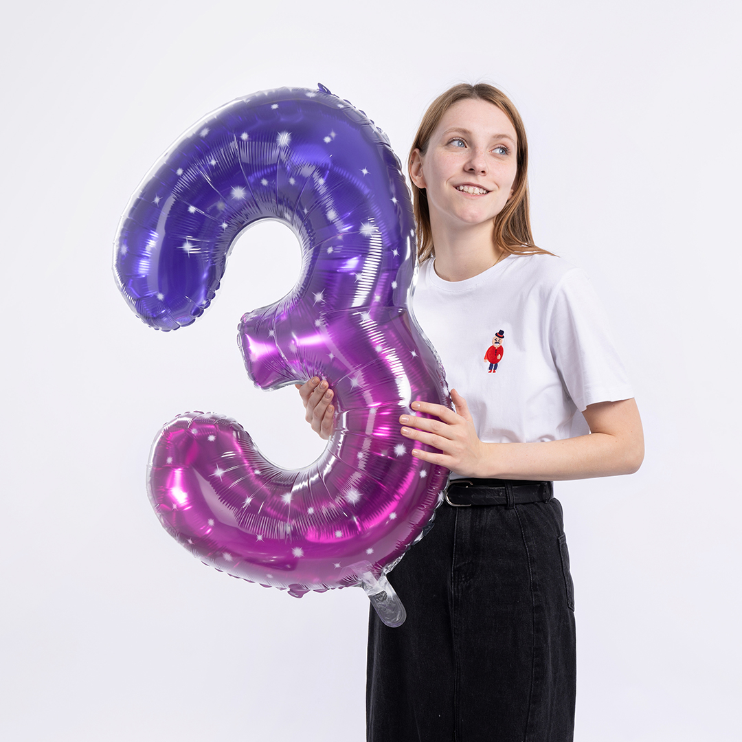 Шар (34''/86 см) Цифра, 3 Сияющий космос, Сиреневый, Градиент, 1 шт. в уп.