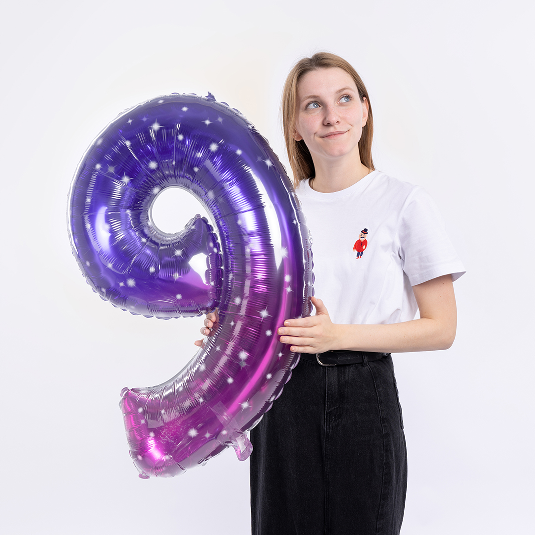 Шар (34''/86 см) Цифра, 9 Сияющий космос, Сиреневый, Градиент, 1 шт. в уп.