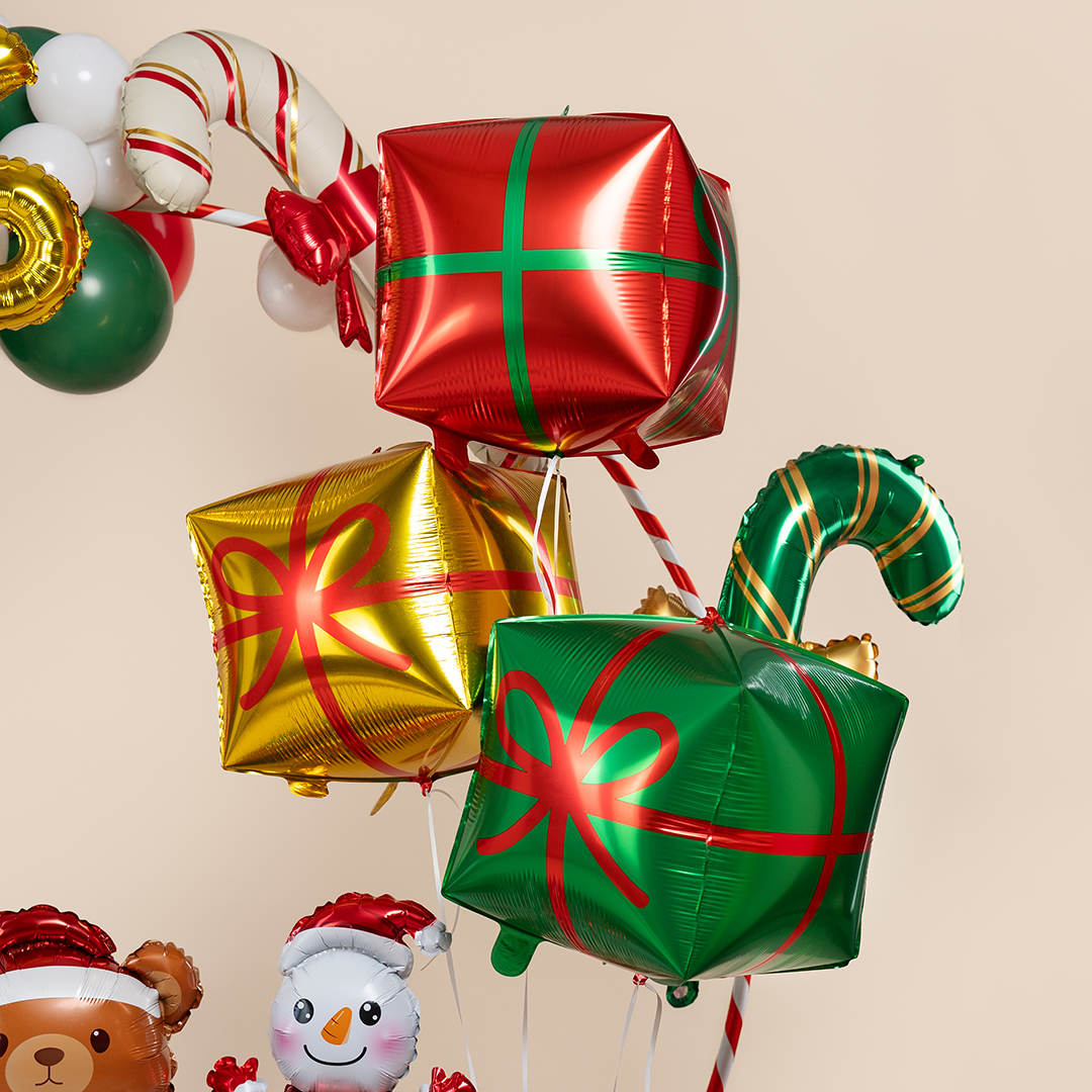 Шар 3D (22''/56 см) Куб, Подарок, Зеленый/Красный, 1 шт.