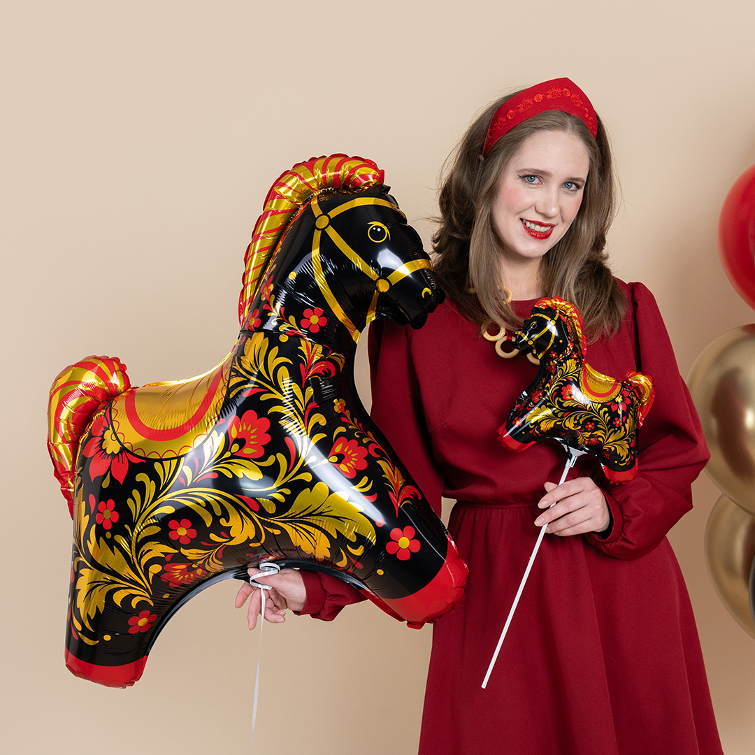 Шар (11''/28 см) Мини-фигура, Лошадка Золотая роспись, 1 шт.