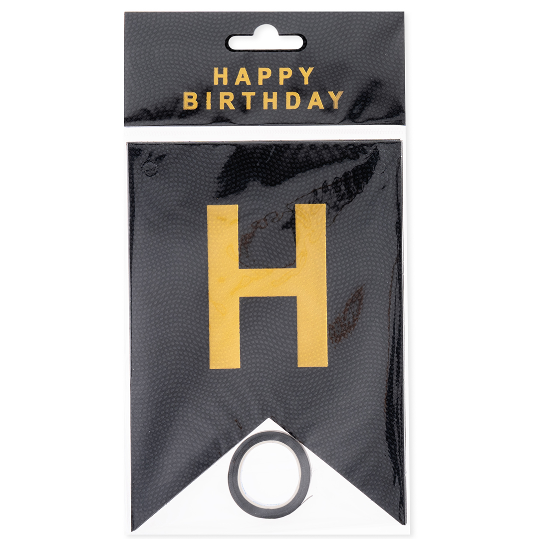 Гирлянда Флажки, Happy Birthday (фактура точки), Черный/Золото, Металлик, 500 см, 16*12 см, 1 упак.