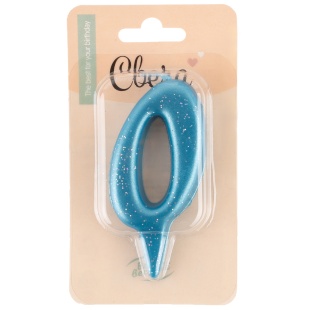 Свеча Цифра, 0 Овал, Синий, с блестками, 4*8 см, 1 шт.