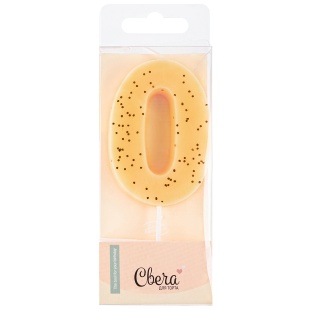 Свеча Цифра, 0, Кремовый, с блестками, 4,3*7,5 + 4,5 см, 1 шт. с держат.