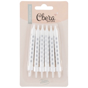 Свечи Серебряные звезды, Белый, Металлик, 7,5 + 2 см, 6 шт. с держат.