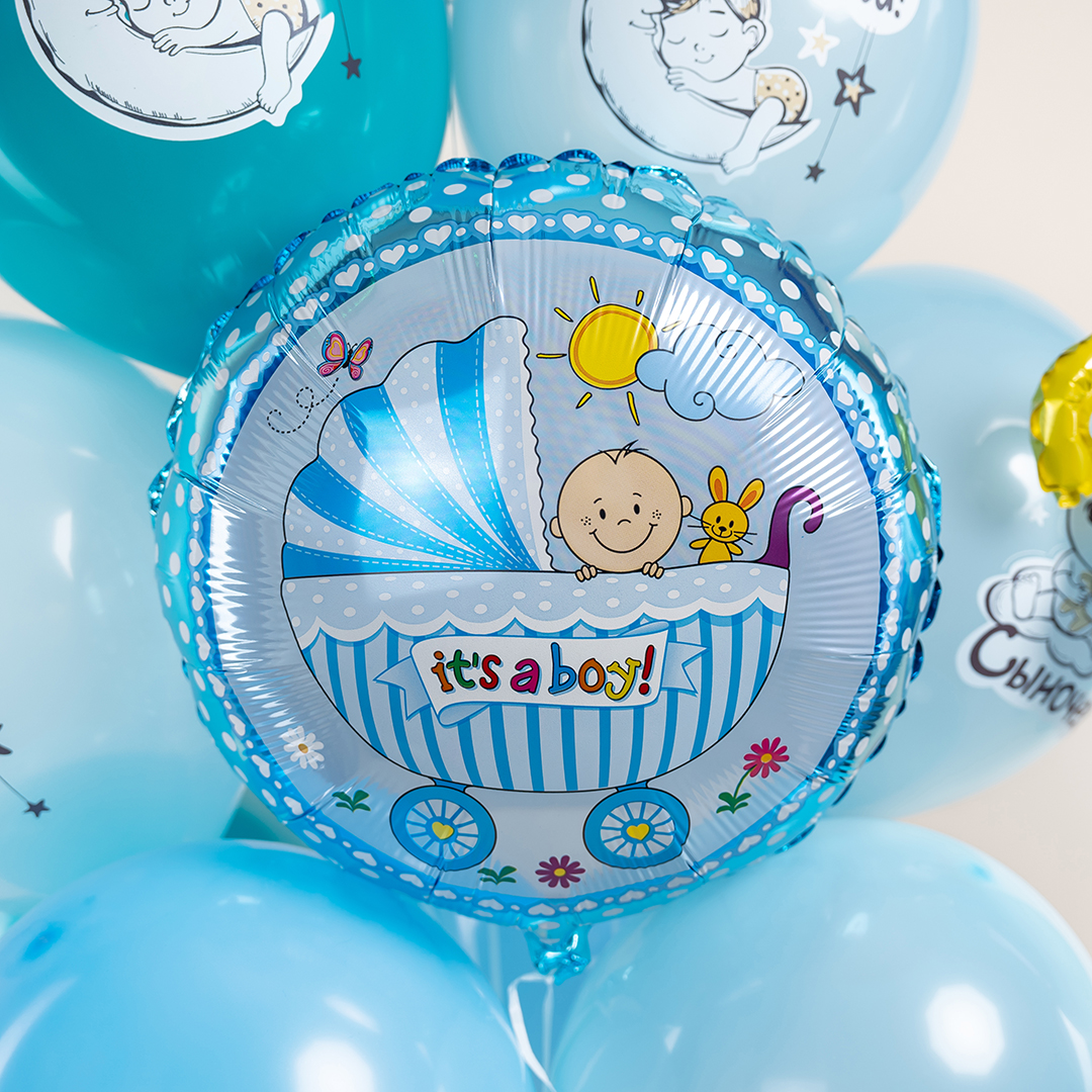 Шар (18''/46 см) Круг, Коляска для мальчика, Голубой, 1 шт.