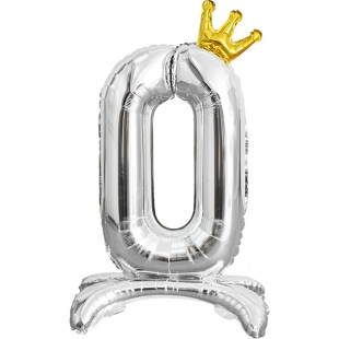 Шар (32''/81 см) Цифра на подставке, 0 Золотая корона, Серебро, 1 шт. в уп.
