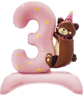 Шар (35''/89 см) Цифра на подставке, 3 Годика, Мишка в колпачке, Розовый, Сатин, 1 шт. в уп.