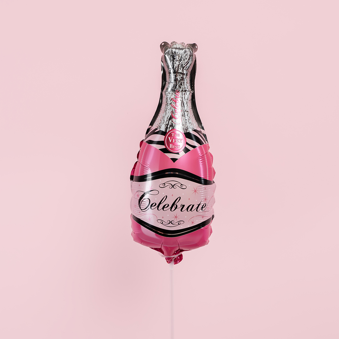 Шар с клапаном (14''/36 см) Мини-фигура, Бутылка Шампанское, Розовый, 1 шт.