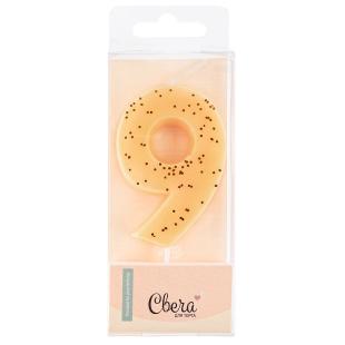 Свеча Цифра, 9, Кремовый, с блестками, 4,3*7,5 + 4,5 см, 1 шт. с держат.