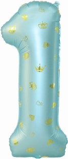 Шар (34''/86 см) Цифра, 1 Золотые короны, Голубой, 1 шт. в уп.