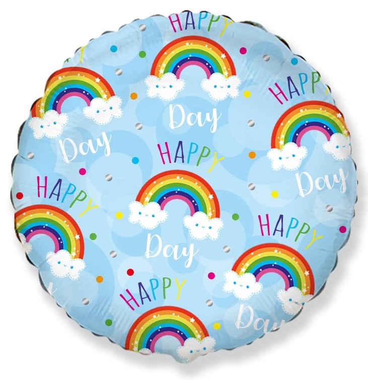Шар (18''/46 см) Круг, Happy Day (радуга в облаках), Голубой, 1 шт.