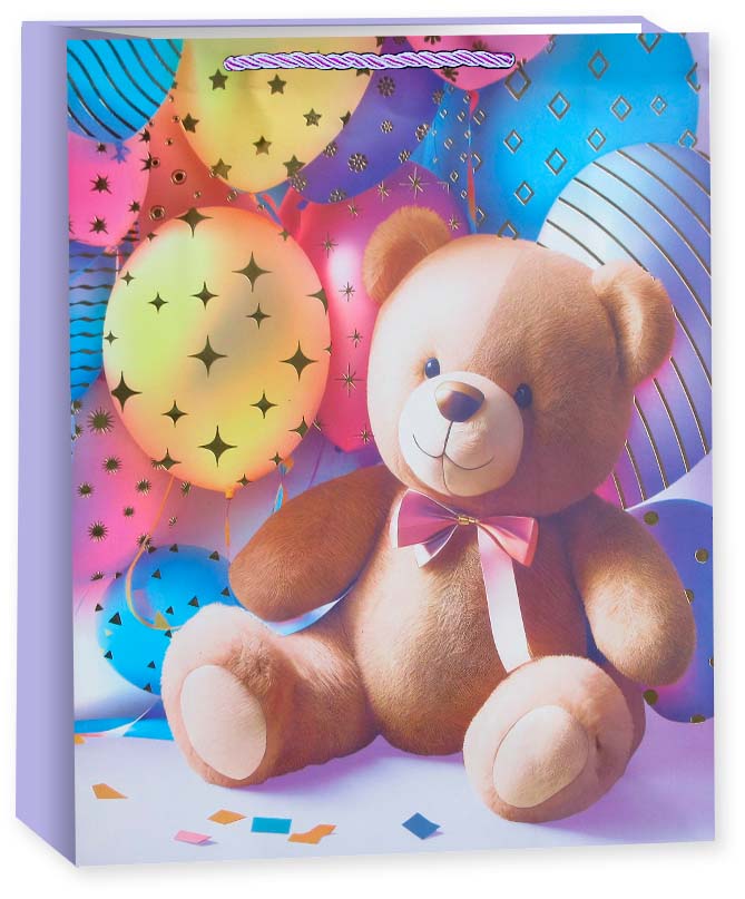 Пакет подарочный, 210гр, Мишка с шариками, Дизайн №2, Металлик, 40*31*12 см, 1 шт.