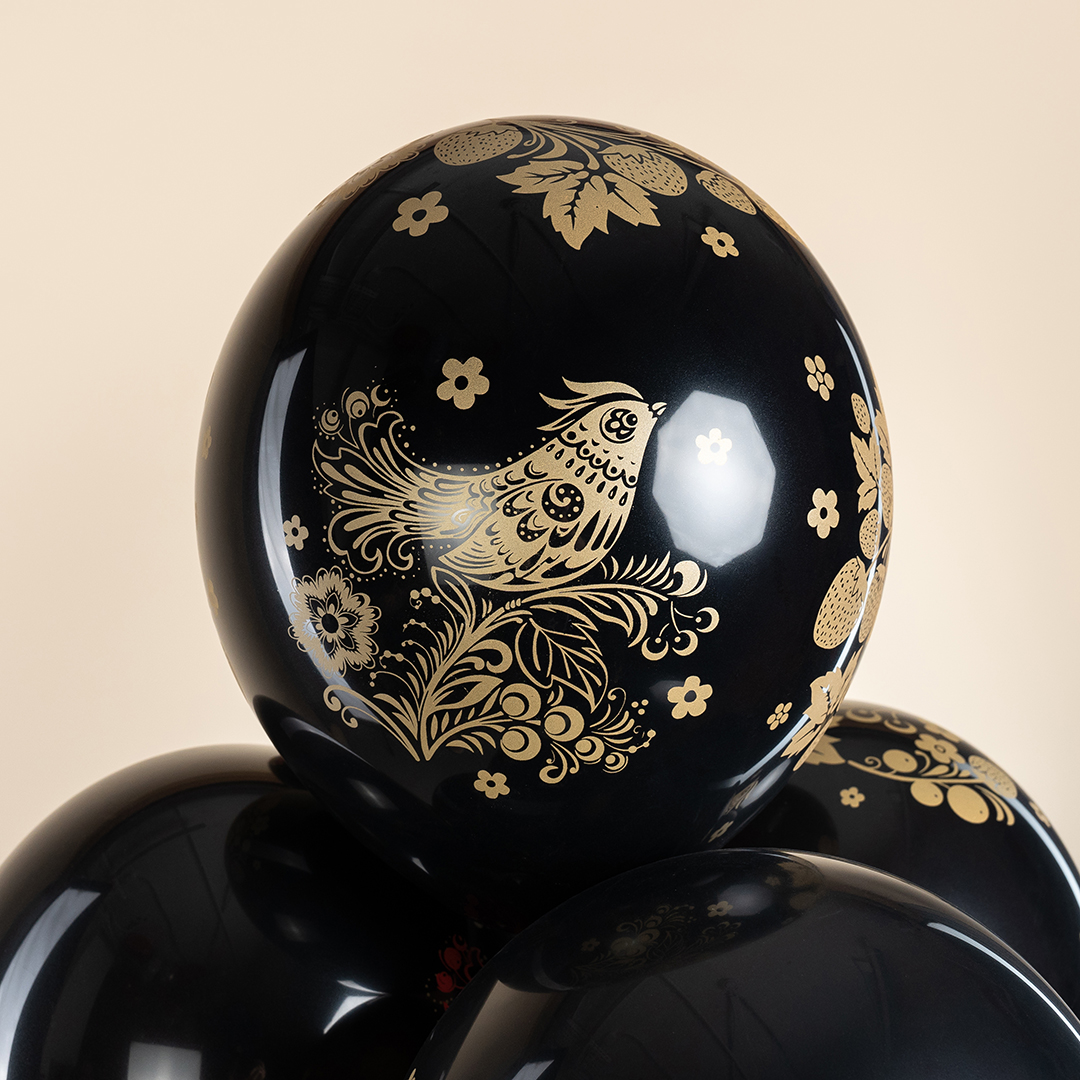 Шар (12''/30 см) Хохлома, Черный, пастель, 5 ст, 25 шт.