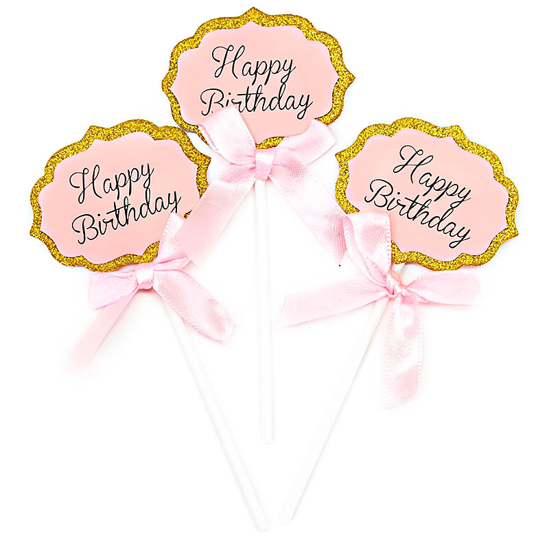 Топперы, Happy Birthday (золотой глиттер), Розовый, с блестками, 5 шт.