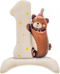 Шар (35''/89 см) Цифра на подставке, 1 Годик, Мишка в розовом колпачке, Бежевый, 1 шт. в уп.