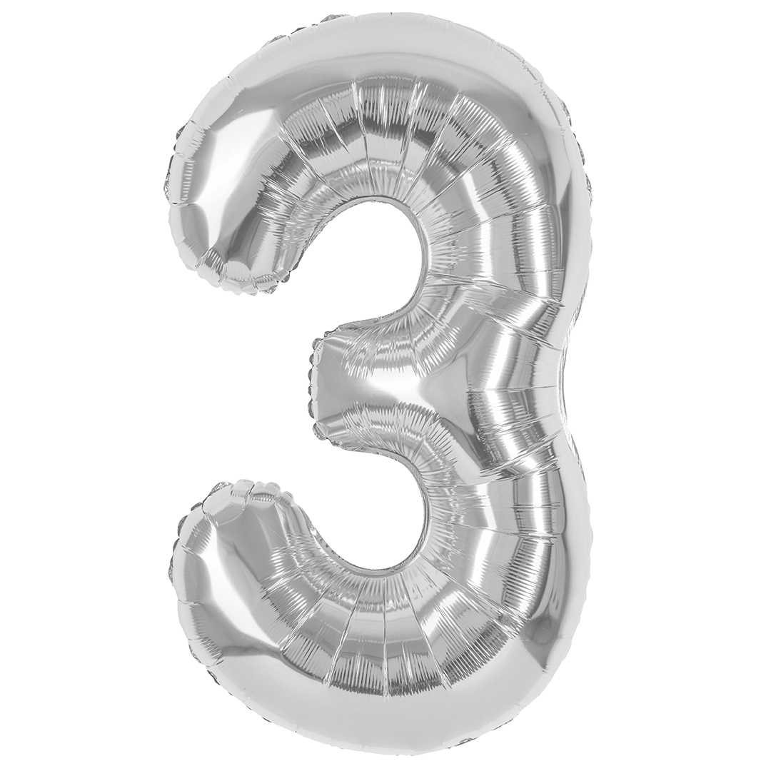 Шар (40''/102 см) Цифра, 3, Серебро, 1 шт. в уп.