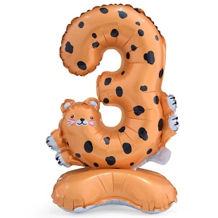 Шар (23''/58 см) Цифра на подставке, 3 Зверята, Леопард, 1 шт. в уп.