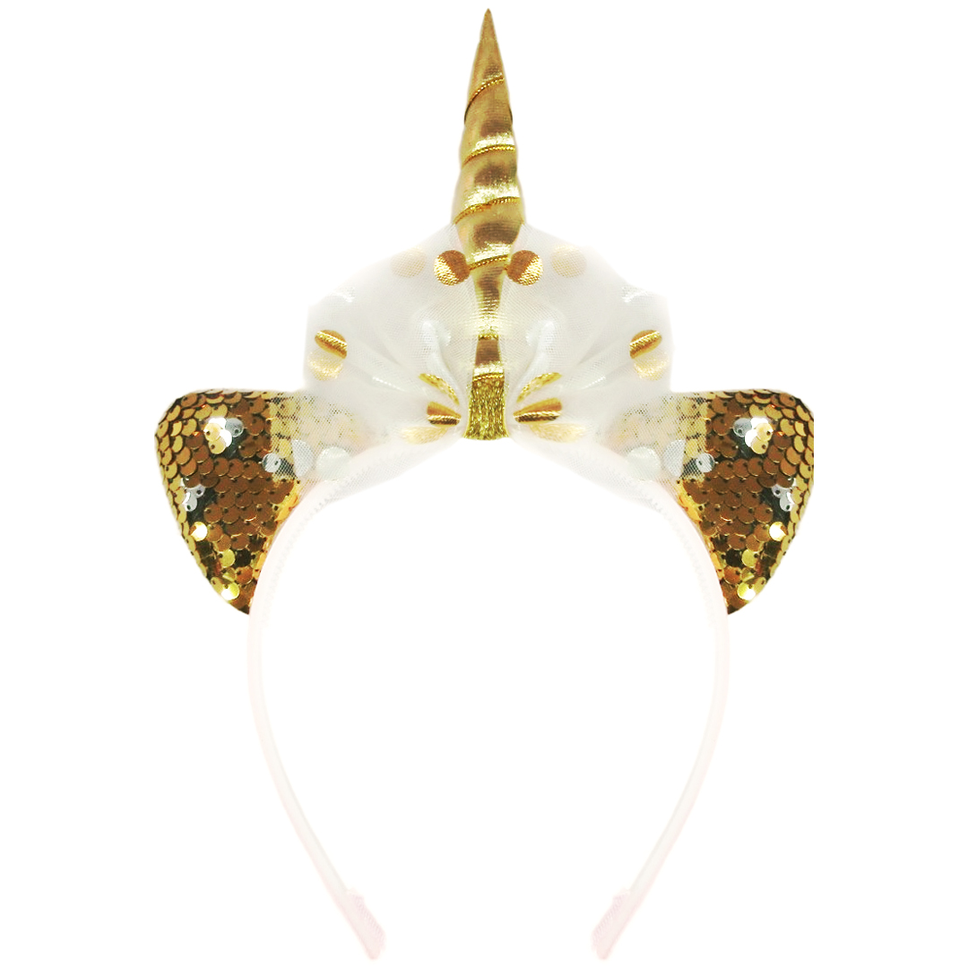 Ободок, Единорог с бантиком, Золото/Белый, 1 шт. 