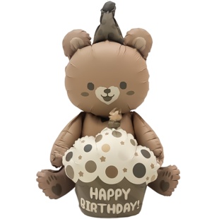 Шар 3D (23''/58 см) Фигура, Мишка с капкейком, Бежевый, Сатин, 1 шт. в уп.