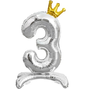 Шар (32''/81 см) Цифра на подставке, 3 Золотая корона, Серебро, 1 шт. в уп.