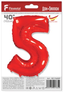 Шар (40''/102 см) Цифра, 5, Красный, 1 шт. в уп.