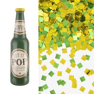 Пневмохлопушка (9/20 см), Бутылка Пиво, Квадраты фольга, Зеленый/Золото, 1 шт.