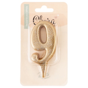 Свеча Цифра, 9 Овал, Золото, с блестками, 7 см, 1 шт.