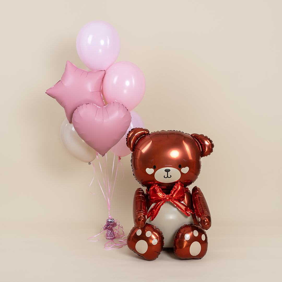 Шар 3D (28''/71 см) Фигура, Сидячий мишка с бантиком, Коричневый, Сатин, 1 шт. в уп.