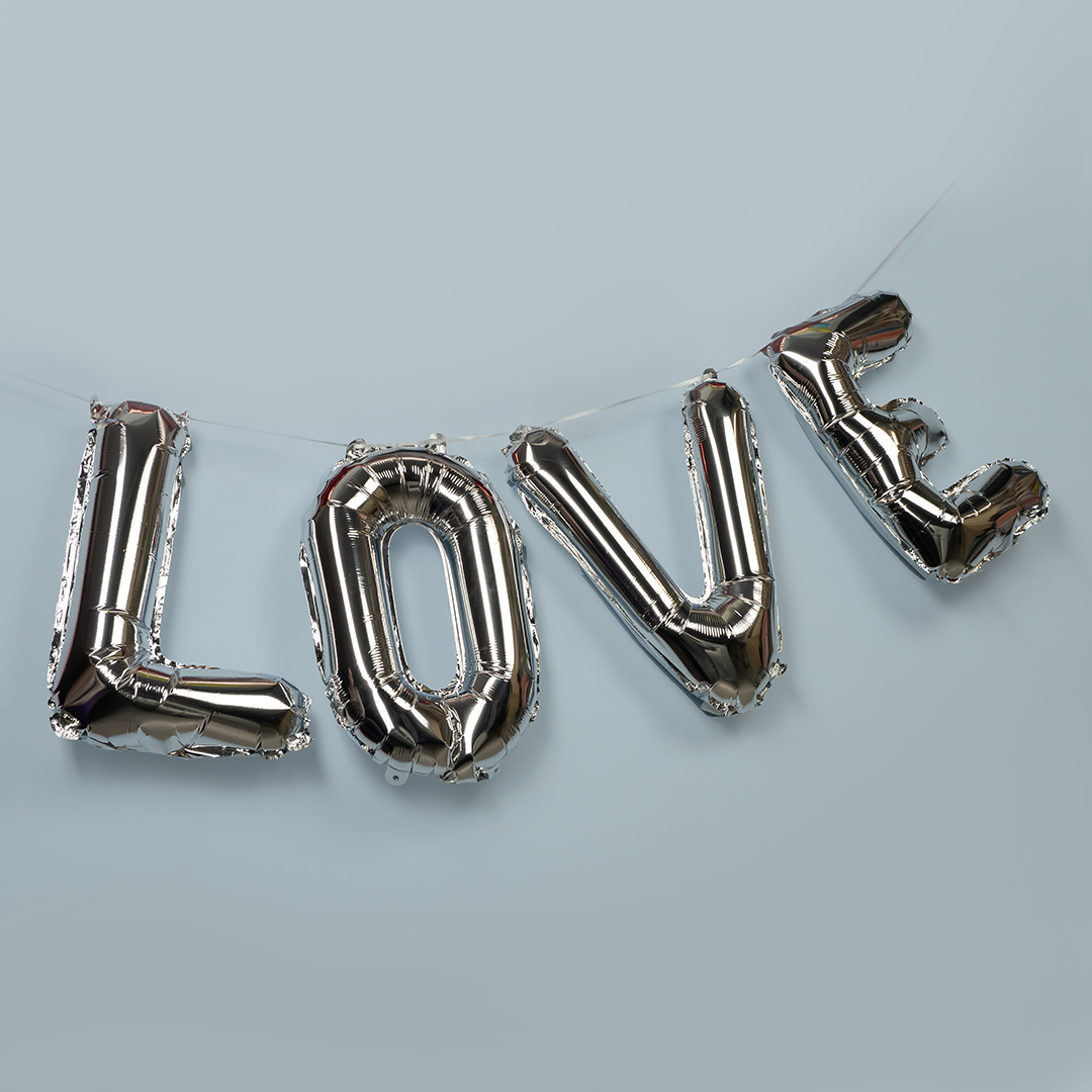 Набор шаров-букв (16''/41 см) Мини-Надпись "LOVE", Серебро, 1 шт. в уп.