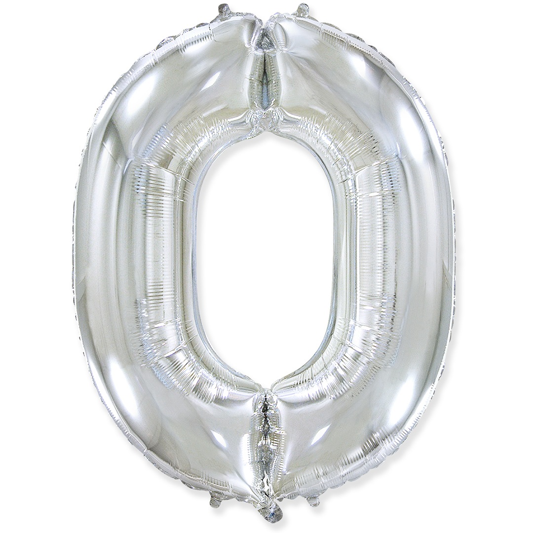 Шар (40''/102 см) Цифра, 0, Серебро, 1 шт. в уп.