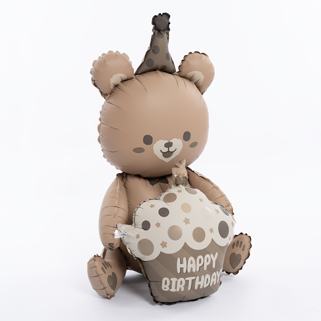 Шар 3D (23''/58 см) Фигура, Мишка с капкейком, Бежевый, Сатин, 1 шт. в уп.