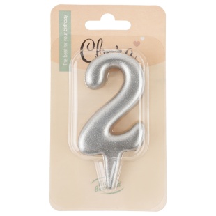 Свеча Цифра, 2 Овал, Серебро, Металлик, 7 см, 1 шт. с держат.