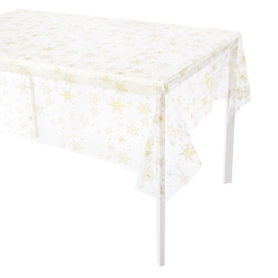 Скатерть одноразовая, Волшебные снежинки, Прозрачный/Золото/Белый, 137*183 см, 1 шт.