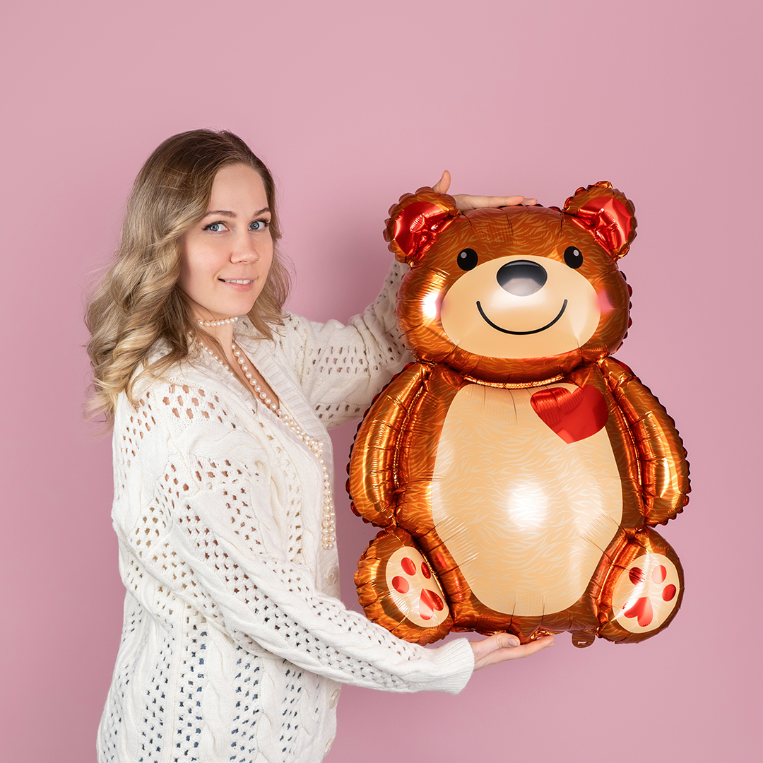 Шар с клапаном (17''/43 см) Мини-фигура, Мишка с сердцем, 5 шт. в уп.