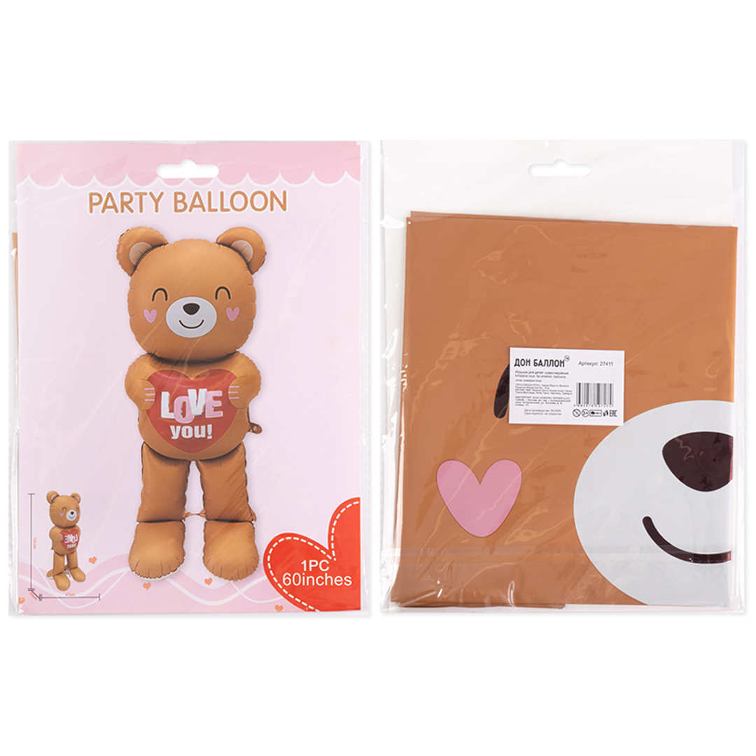 Шар (61''/155 см) Фигура 3D, Мишка с сердцем, 1 шт. в уп.