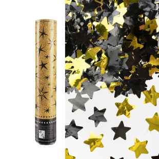 Пневмохлопушка (12/30 см), Звездные искры, Звезды фольга, Золото/Черный, Металлик, 1 шт.