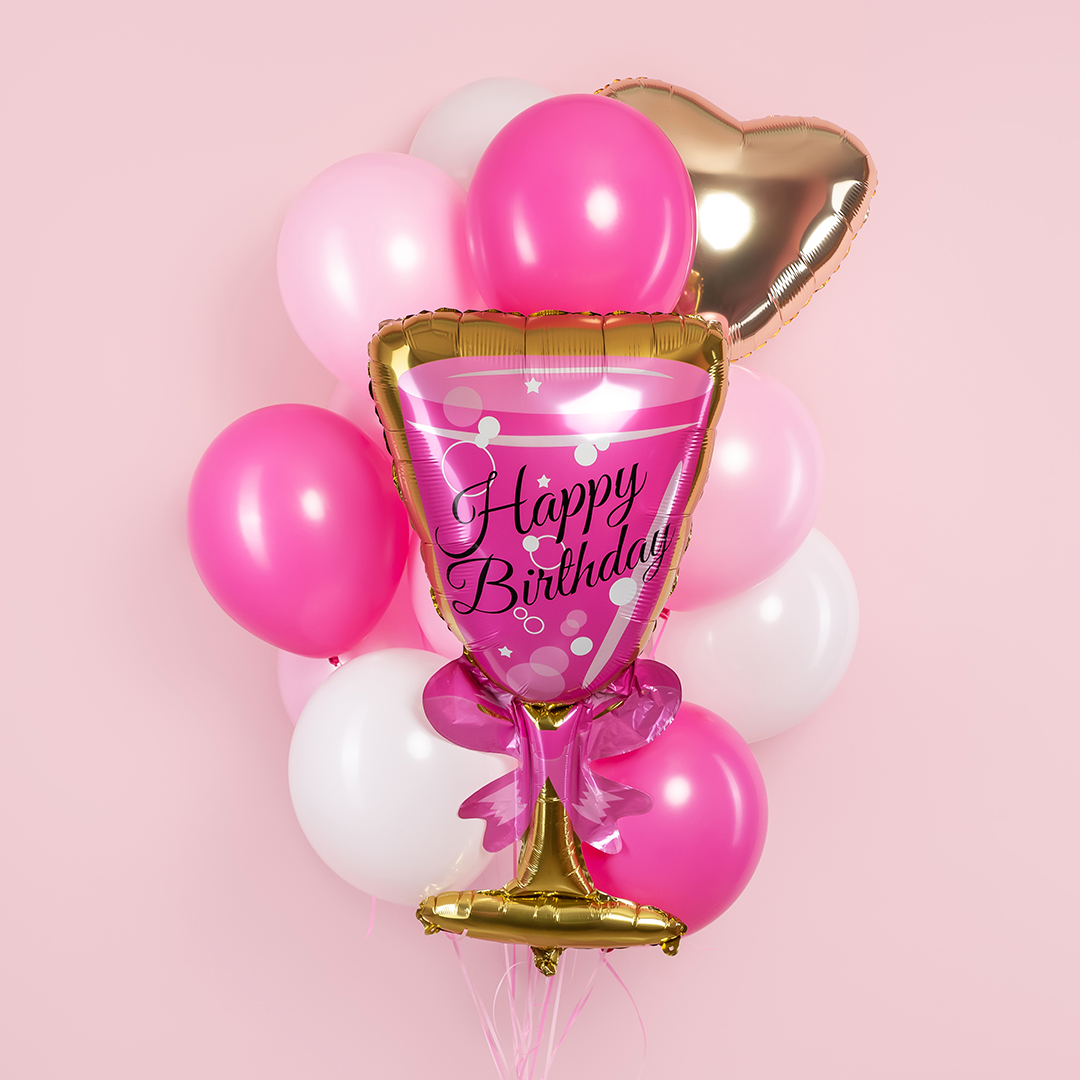 Шар (37''/94 см) Фигура, Бокал, Happy Birthday, Розовый, 1 шт. в уп.
