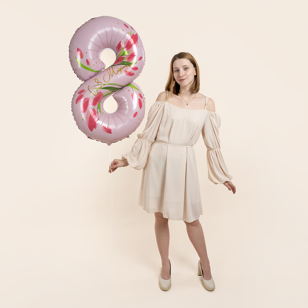 Шар (34''/86 см) Цифра, 8 Марта, Тюльпаны, 1 шт. в уп.