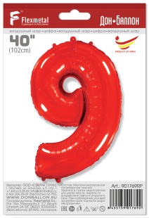 Шар (40''/102 см) Цифра, 9, Красный, 1 шт. в уп.
